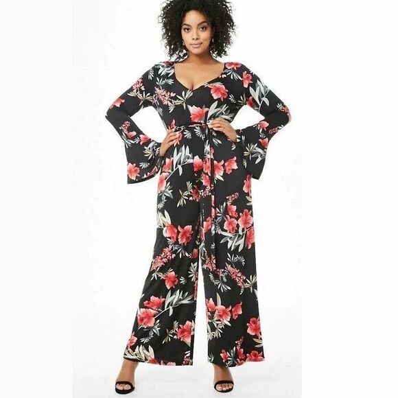 One Clothing Jumpsuit Black Red Floral Knit V-Neck Wide Leg - Women's Size M - Picture 3 of 11